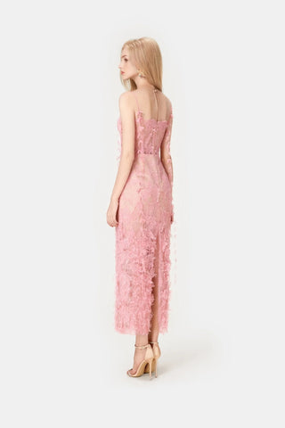 Alary dress in blush pink lace with floral beading – front view wedding guest babyshoer dress pink 