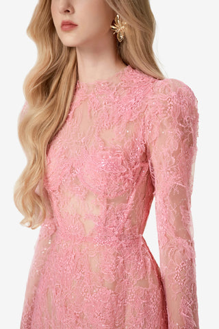 Pink Mini Lace Dress Beaded Longsleeve Wedding guest dress pink summer elegant Mini Dress Designer - Cielie Vienna