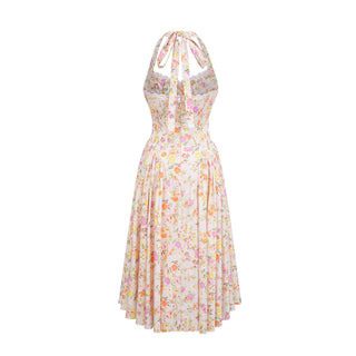 Adabella Pink Meadow Print Cotton Halter Midi Sundress Dupe Floral Midi Dress Vintage Floral Summer - Cielie Vienna