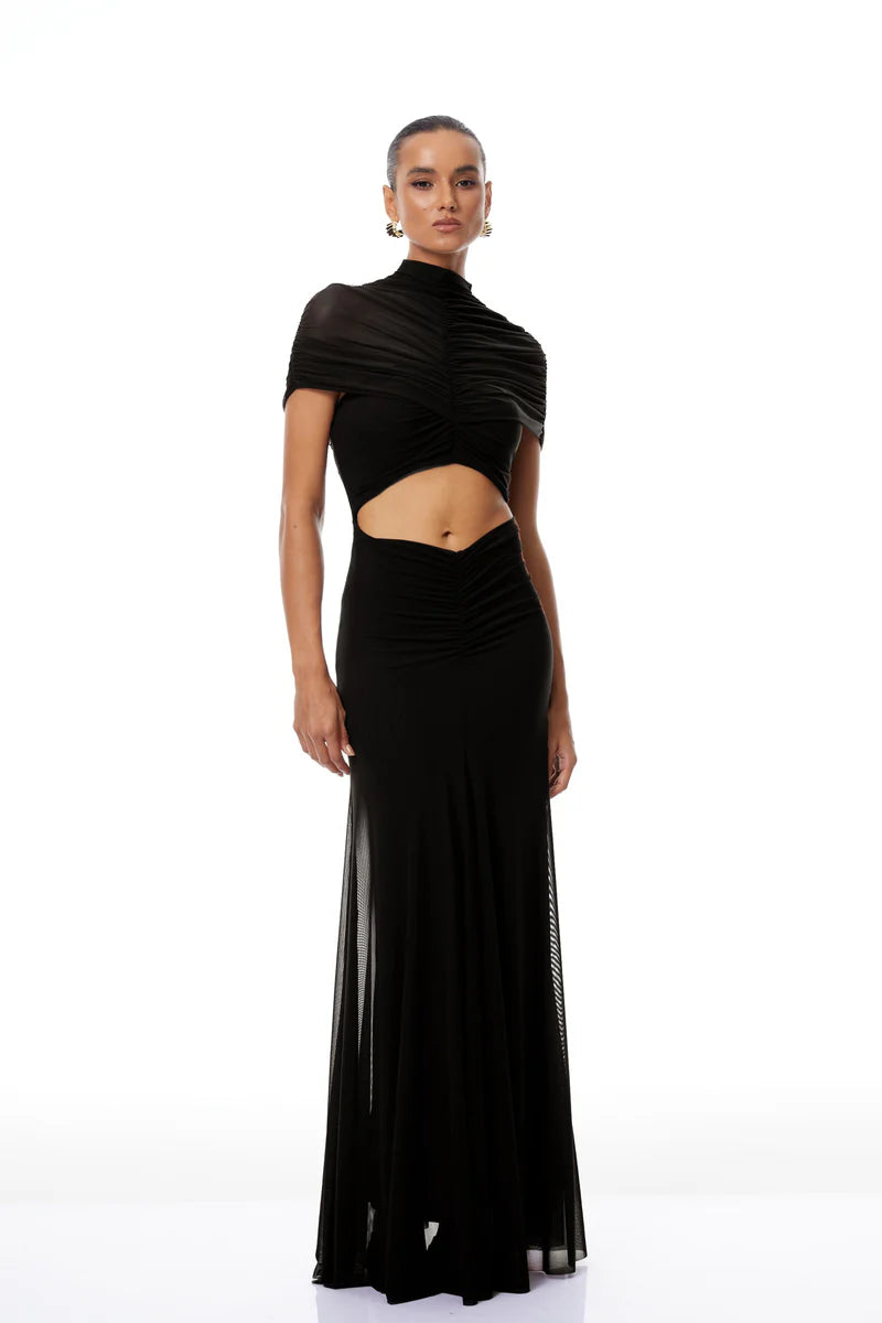 Avalyn | Maxi Dress Mesh Shoulder Belly Cutout Black Cielie Avalyn | Maxi Dress Mesh Shoulder Belly Cutout Black Cielie