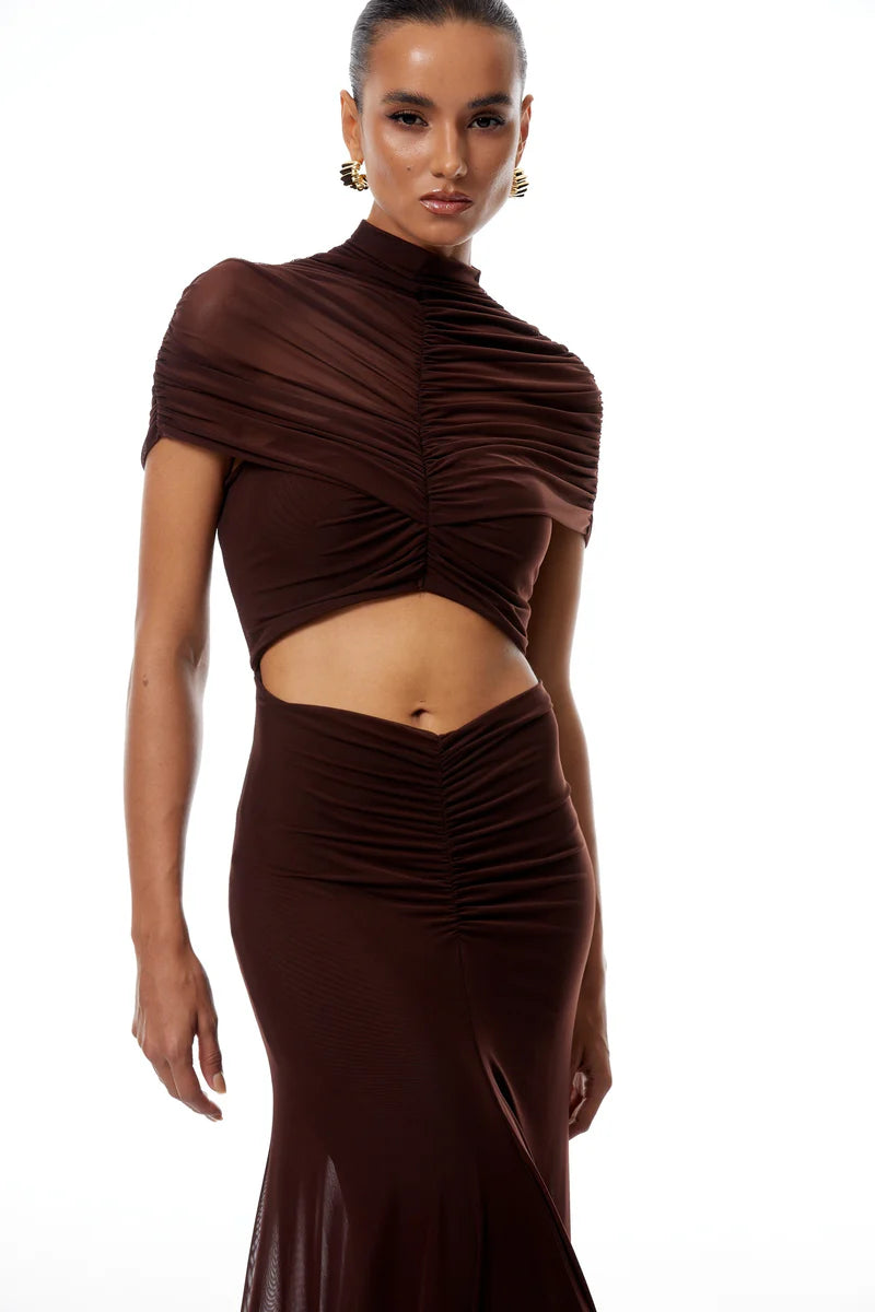 Avalyn | Maxi Dress Mesh Shoulder Belly Cutout Brown Cielie Avalyn | Maxi Dress Mesh Shoulder Belly Cutout Brown Cielie