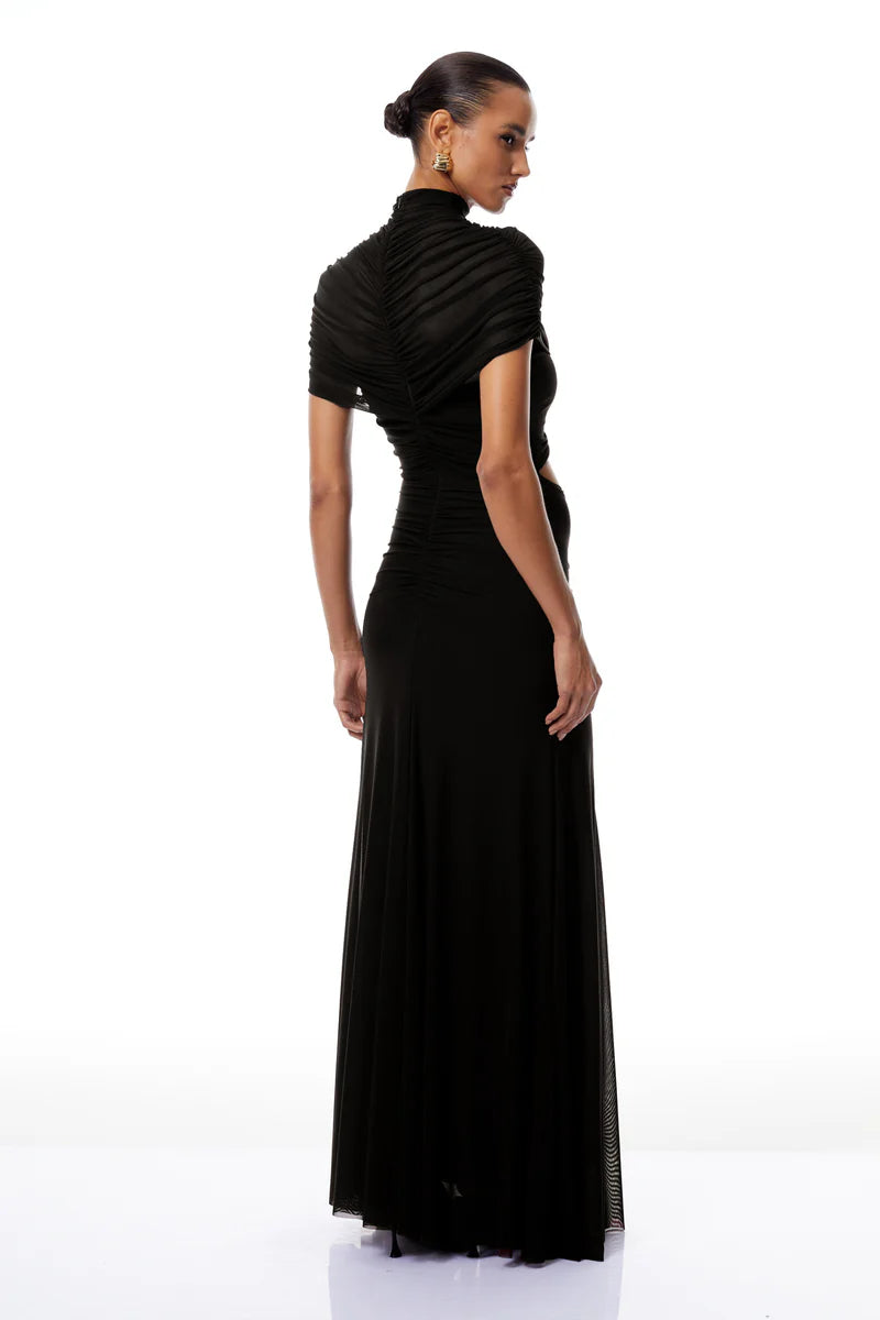 Avalyn | Maxi Dress Mesh Shoulder Belly Cutout Black Cielie Avalyn | Maxi Dress Mesh Shoulder Belly Cutout Black Cielie