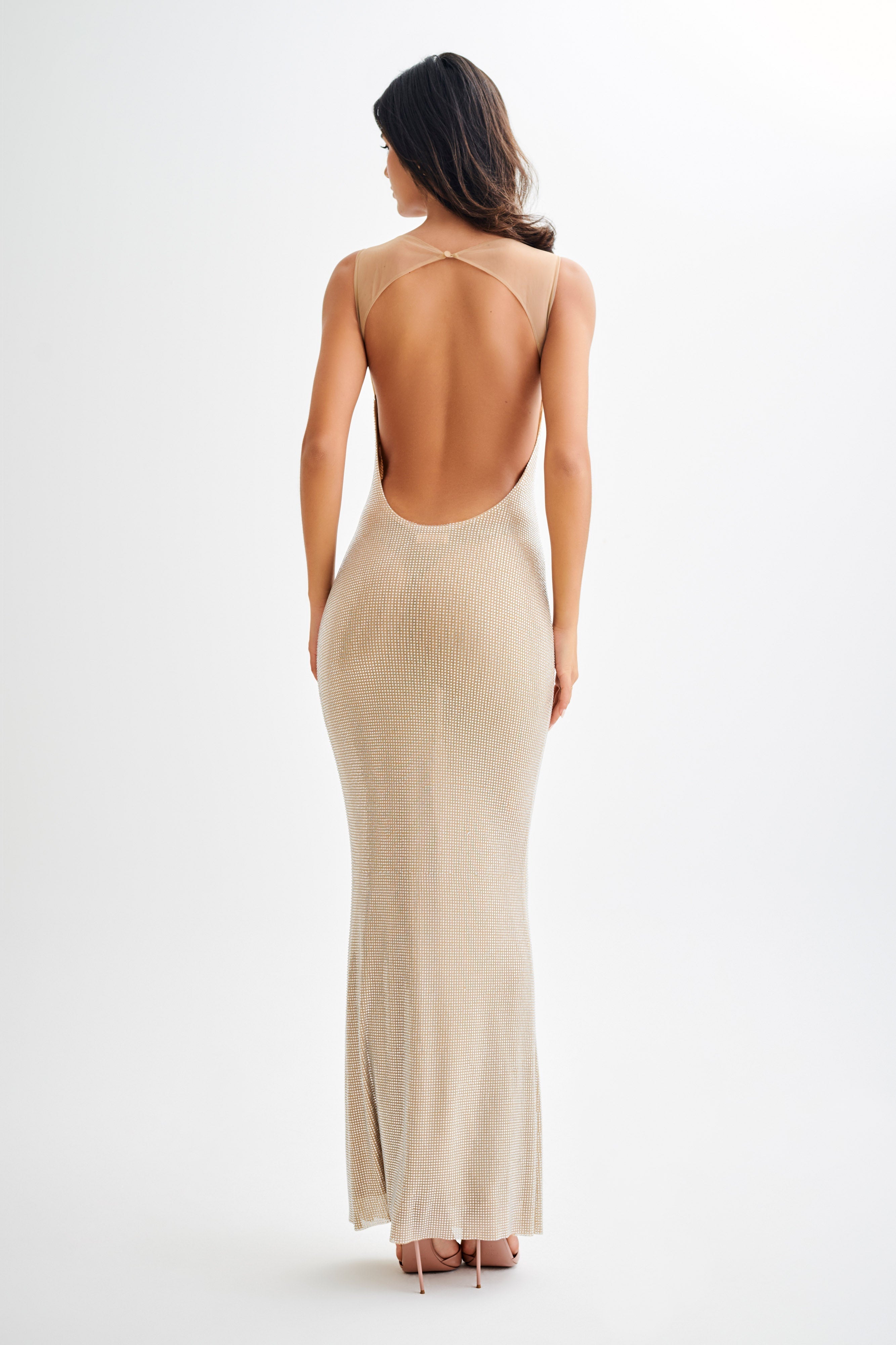 Caroline Diamond Embellished Open Back Maxi Dress, Nude M Caroline Diamond Embellished Open Back Maxi Dress, Nude M
