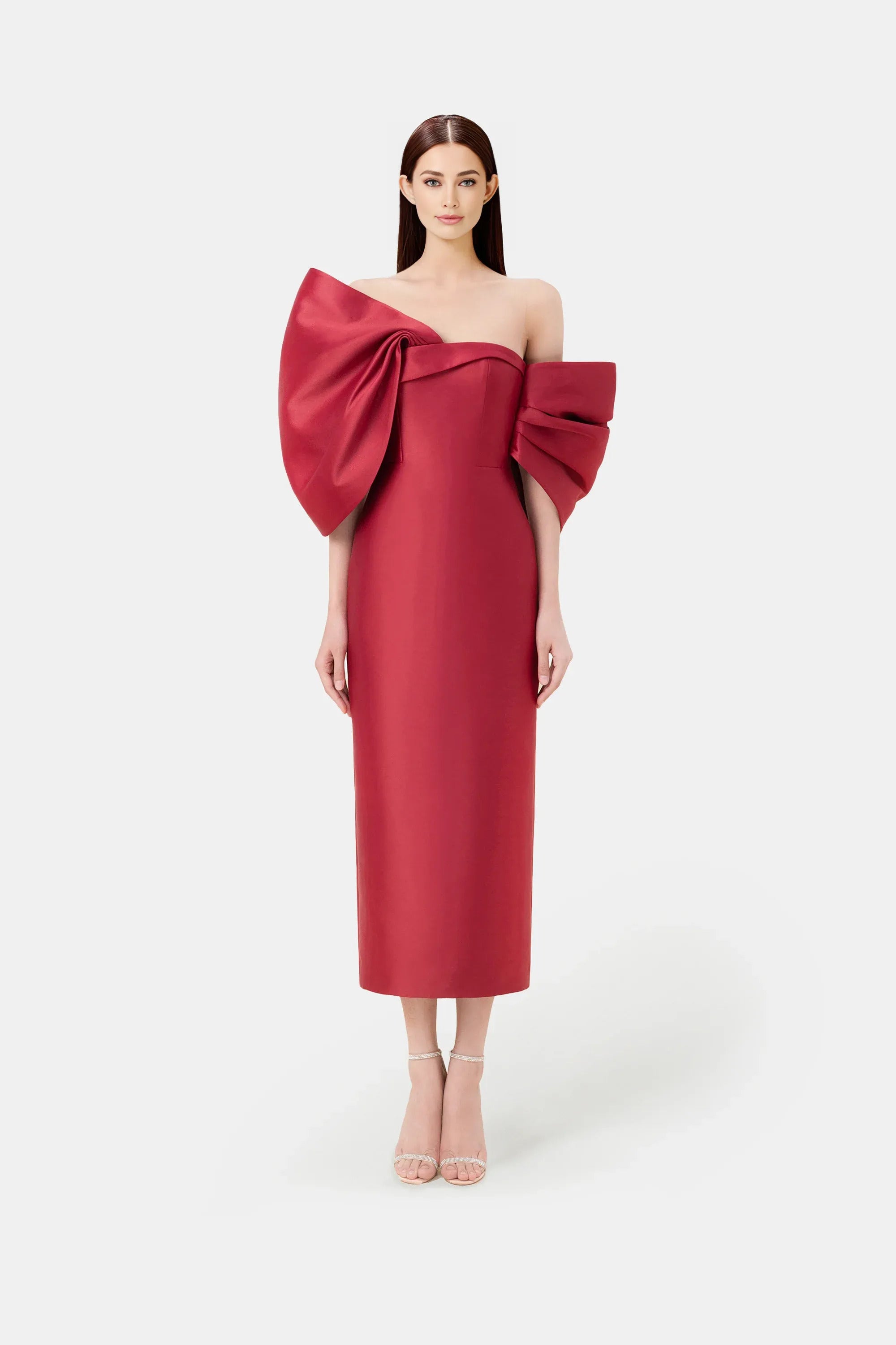 Women's Red Midi Dress Elegant Wedding Guest | BOW Dress | CILIE S Women's Red Midi Dress Elegant Wedding Guest | BOW Dress | CILIE S