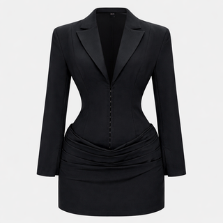 Black blazer and skirt set on a light gray background
