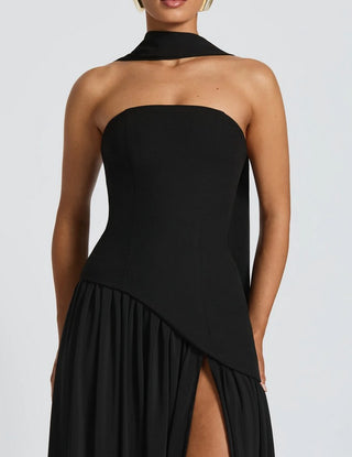 Black Strapless Maxi Dress with scarf high slit side 