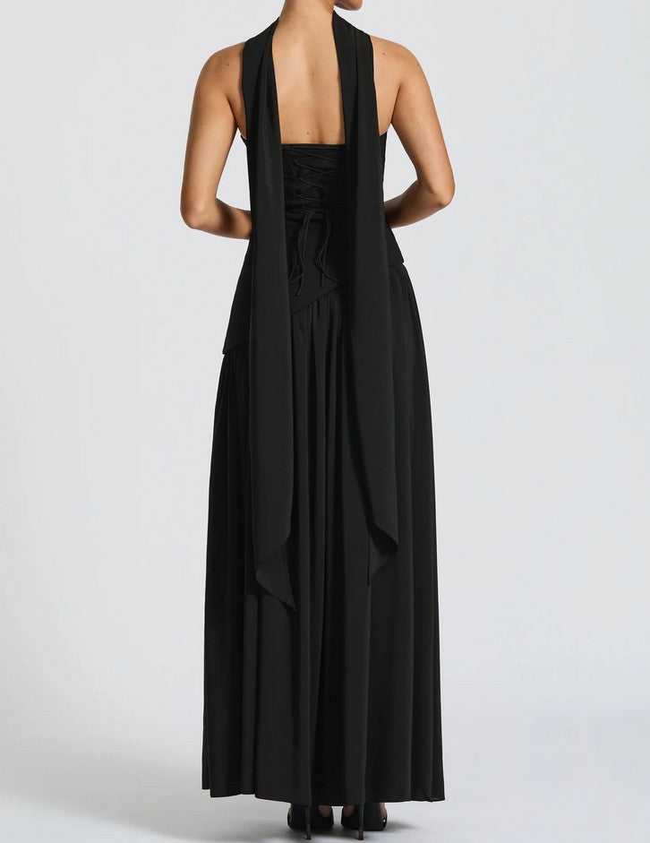 Soleil | Maxi Dress Black Strapless Gown with Chiffon Skirt, Slit & Scarf Soleil | Maxi Dress Black Strapless Gown with Chiffon Skirt, Slit & Scarf