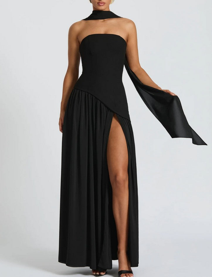 Soleil | Black Strapless Maxi Dress with Scarf Stretch Bodice & Chiffon Skirt S Soleil | Black Strapless Maxi Dress with Scarf Stretch Bodice & Chiffon Skirt S