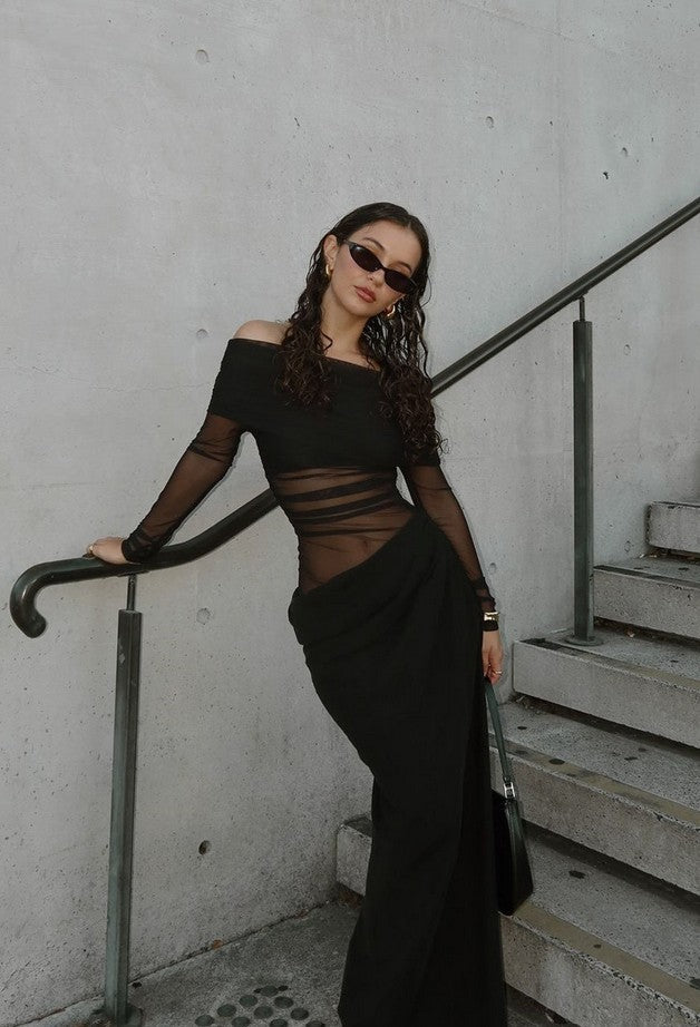 Yasmina | Mesh Off Shoulder Maxi Black Draped Dress L Yasmina | Mesh Off Shoulder Maxi Black Draped Dress L