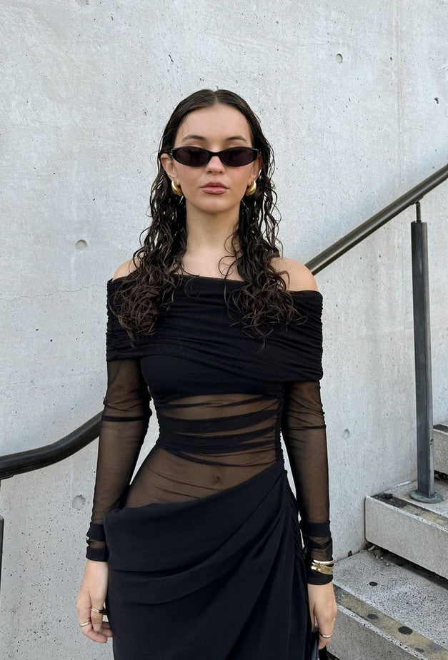 Yasmina | Mesh Off Shoulder Maxi Black Draped Dress L Yasmina | Mesh Off Shoulder Maxi Black Draped Dress L