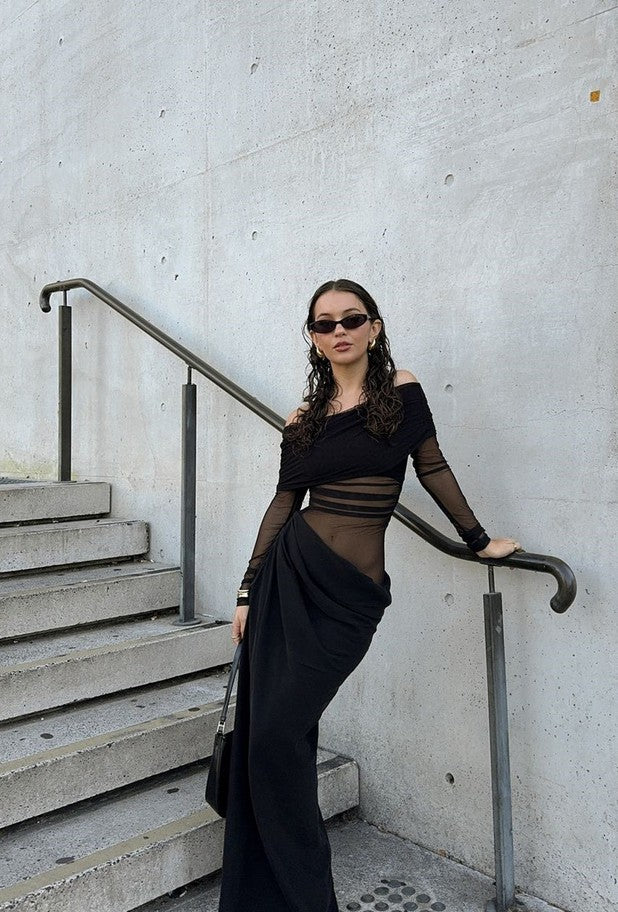 Yasmina | Mesh Off Shoulder Maxi Black Draped Dress L Yasmina | Mesh Off Shoulder Maxi Black Draped Dress L