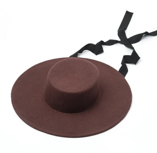 Brown wide-brimmed hat with a black ribbon on a white background