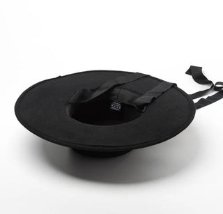 Black wide-brimmed hat with a strap on a white background