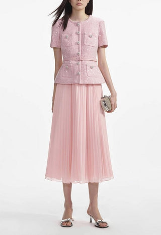 Light Pink Elegant matching two piece set - Tweed Jacket Midi Skirt Plissee 