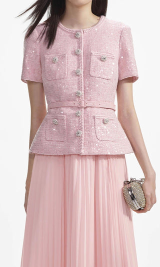 Light Pink Elegant matching two piece set - Tweed Jacket Midi Skirt Plissee 