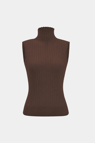 Brown ribbed sleeveless sweater on a light gray background