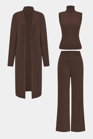 Brown outfit set with a long cardigan, sleeveless top, and wide-leg pants on a white background