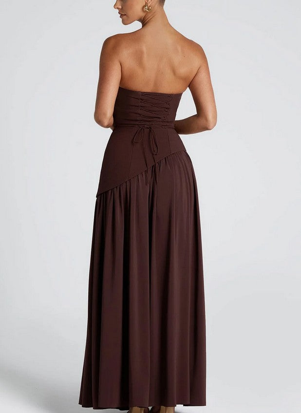 Elegant Slit Ribbon Maxi Dress - Brown Brown / S Elegant Slit Ribbon Maxi Dress - Brown Brown / S