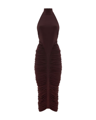 Brown ruched dress on a white background