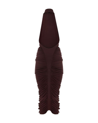 Brown evening gown with ruched skirt on a white background