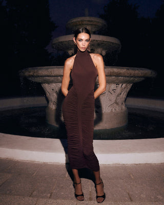 Woman in a brown dress standing in front of a fountain at night