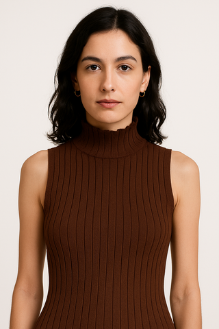 Woman wearing a brown ribbed sleeveless top against a plain background