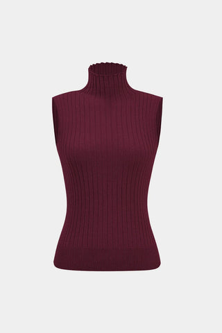 Maroon ribbed sleeveless top on a light gray background