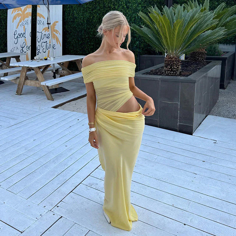 Buttercream | Mesh Off Shoulder Maxi Yellow Draped Dress M Buttercream | Mesh Off Shoulder Maxi Yellow Draped Dress M