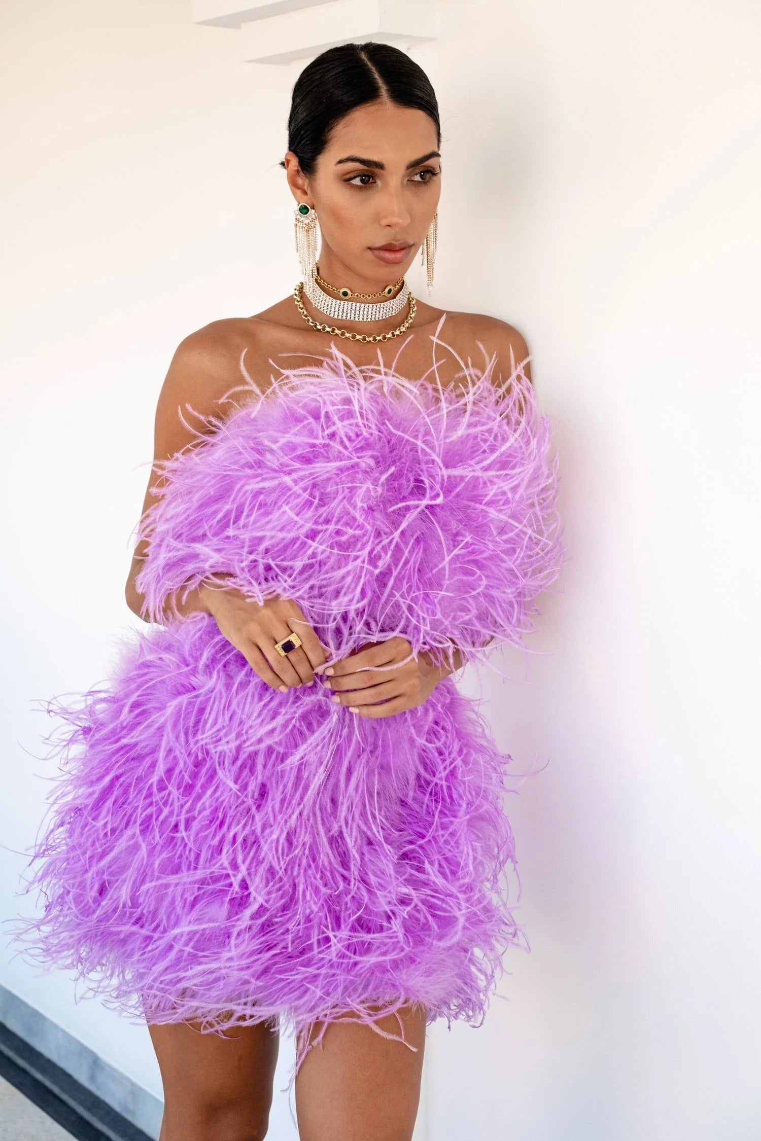 Cielie Caeia Strapless Ostrich Feather Dress M Purple