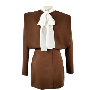 Long Sleeve Mini Dress Business brown bow - Cielie