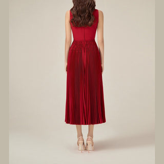 CHERIE | Red Midi Pleated Dress - Cielie