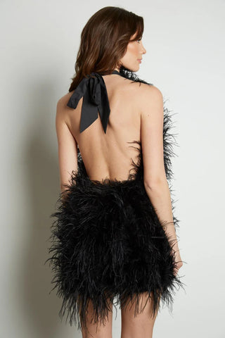 Black Feather Halter Neck Dress - Backless Party Dress Feather Vienna Fashion Shop Party Dress Cielie 