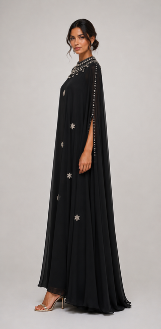 A woman modeling a long black flowing dress with silver beaded trim along the neckline, sleeves, and scattered star-shaped embellishments, photographed against a plain light gray studio background.