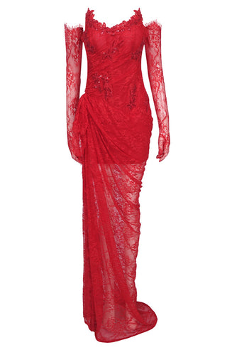 Red Maxi Lace Dress High Slit Gloves