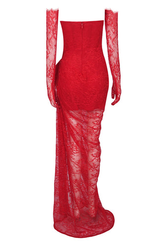 Red Maxi Lace Dress High Slit Gloves