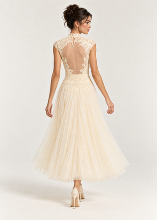 A woman modeling a cream tulle and lace dress from the back, showing a high neck, sheer lace back panel, and full tulle skirt against a light gray studio background.
