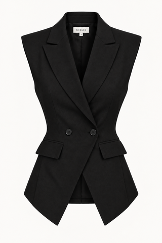 A black sleeveless double-breasted blazer vest with a wrap-style front and structured shoulders, shown on a plain light background. The brand label 'CHELTENHAM' is visible at the inner collar.