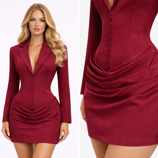 Maroon dress with long sleeves and a deep neckline on a white background