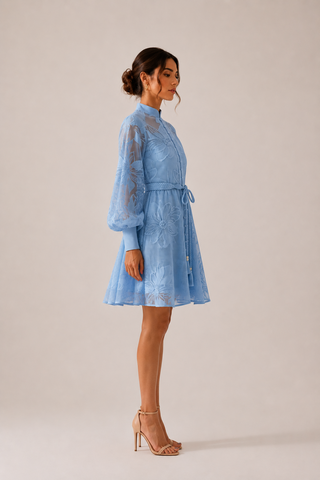 Powder blue floral lace mini dress featuring intricate embroidered lace, sheer long sleeves, high neckline, detachable braided waist belt, coordinating slip dress, fit and flare silhouette, and concealed back zipper closure, perfect for wedding guests, baby showers, bridal showers, garden parties, and elegant spring or summer occasions.
