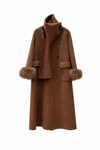 Brown coat with fur cuffs on a white background