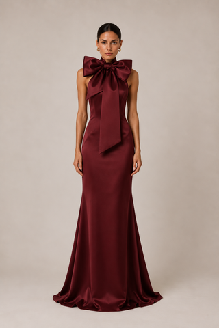 A woman modeling a sleeveless floor-length gown in deep burgundy satin, featuring a large matching bow at the high neckline, against a plain warm beige studio background.