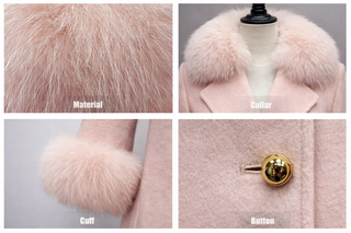 Collage of a pink fur coat with close-up details on material, collar, cuff, and button.