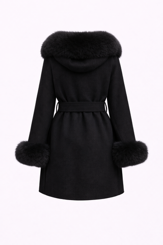 Black coat with fur trim on a white background