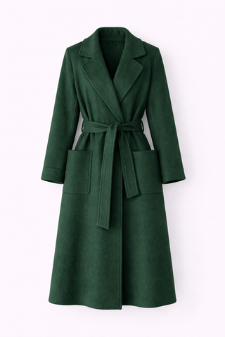 Green coat with a belt on a white background