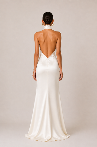 A woman viewed from the back wearing a sleeveless white satin gown with a deep open back and halter neckline, standing against a plain light beige studio background.