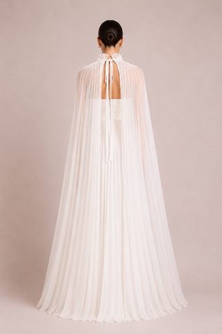 Bridal Maxi Dress with Cape White A line Elysia white convertible bridal gown featuring a strapless pleated wedding dress with removable flowing cape and hidden back zipper for modern brides and elegant wedding ceremonies
