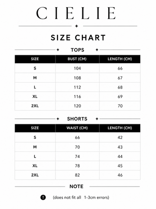 Size chart for tops and shorts by Cielie on a white background