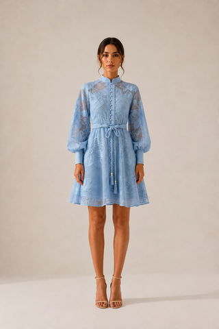 Powder blue floral lace mini dress featuring intricate embroidered lace, sheer long sleeves, high neckline, detachable braided waist belt, coordinating slip dress, fit and flare silhouette, and concealed back zipper closure, perfect for wedding guests, baby showers, bridal showers, garden parties, and elegant spring or summer occasions.