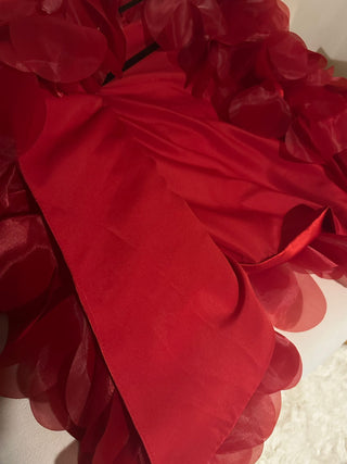Close-up of a red fabric with ruffled edges on a white background