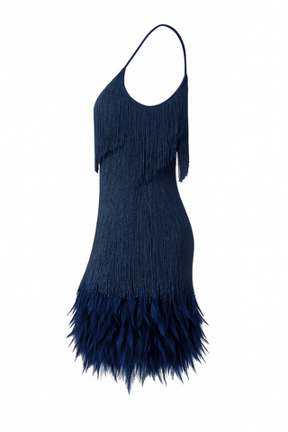 Navy blue dress with fringe details on a white background